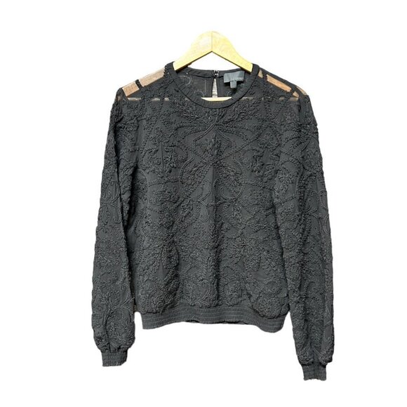 Intermix Womens Blouse Size Small Black Textured Lace Raw Silk Long Sleeve - Picture 1 of 7